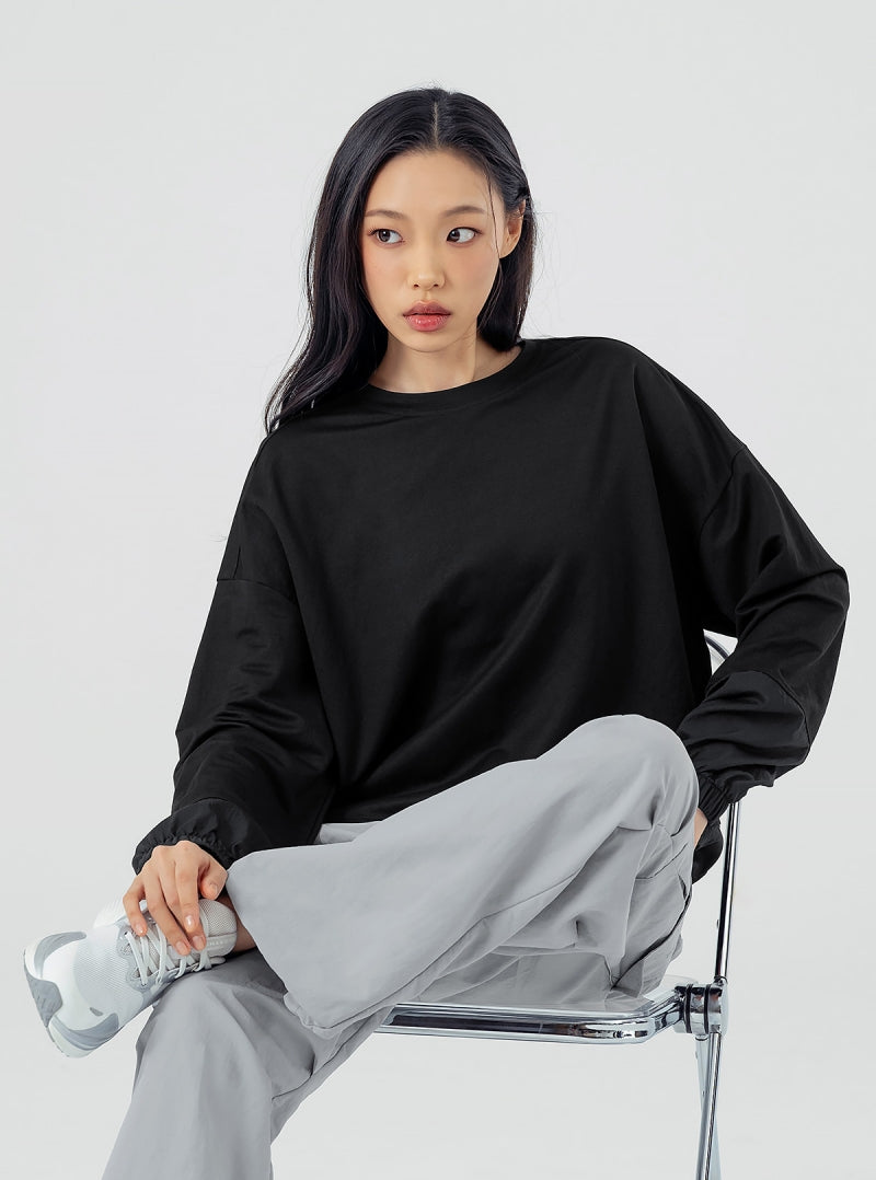 ウーブン 異素材 ドローコード付き トレーナー