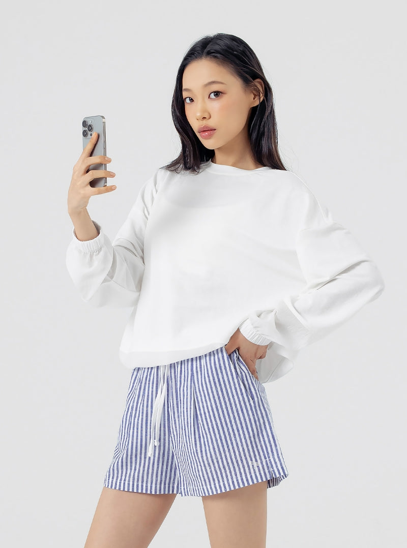 ウーブン 異素材 ドローコード付き トレーナー