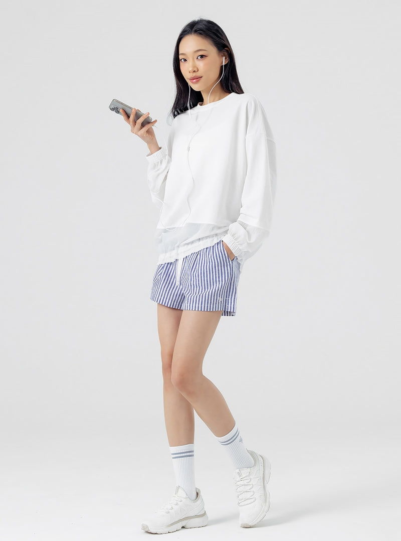ウーブン 異素材 ドローコード付き トレーナー