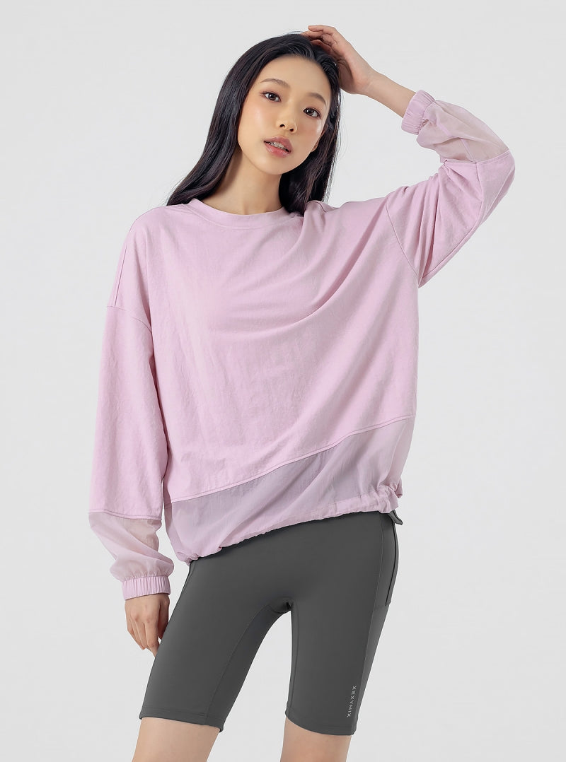 ウーブン 異素材 ドローコード付き トレーナー