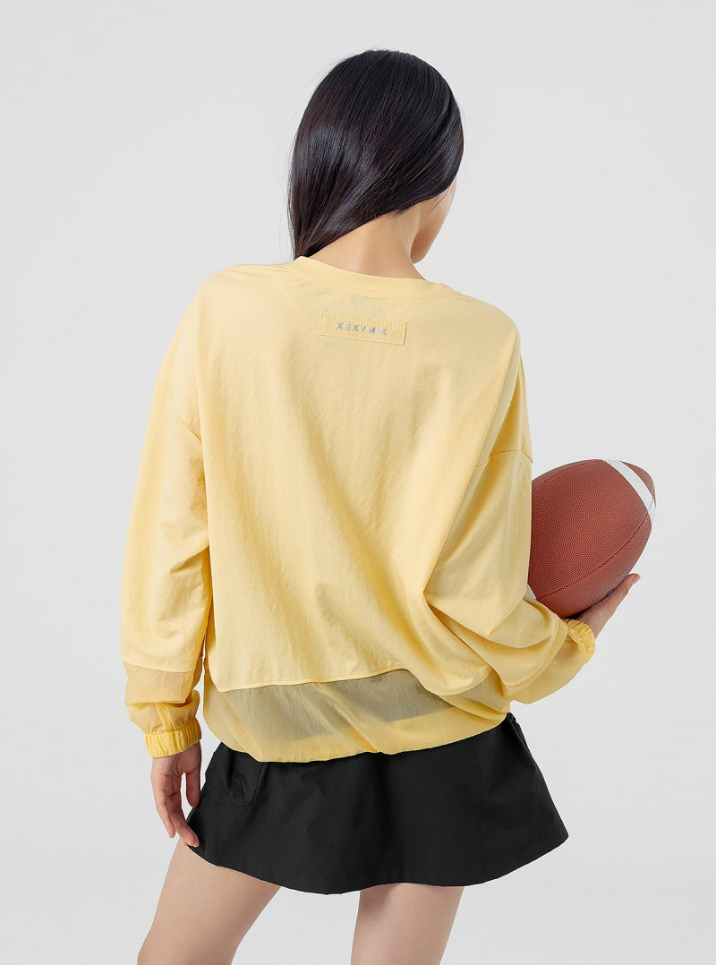 ウーブン 異素材 ドローコード付き トレーナー