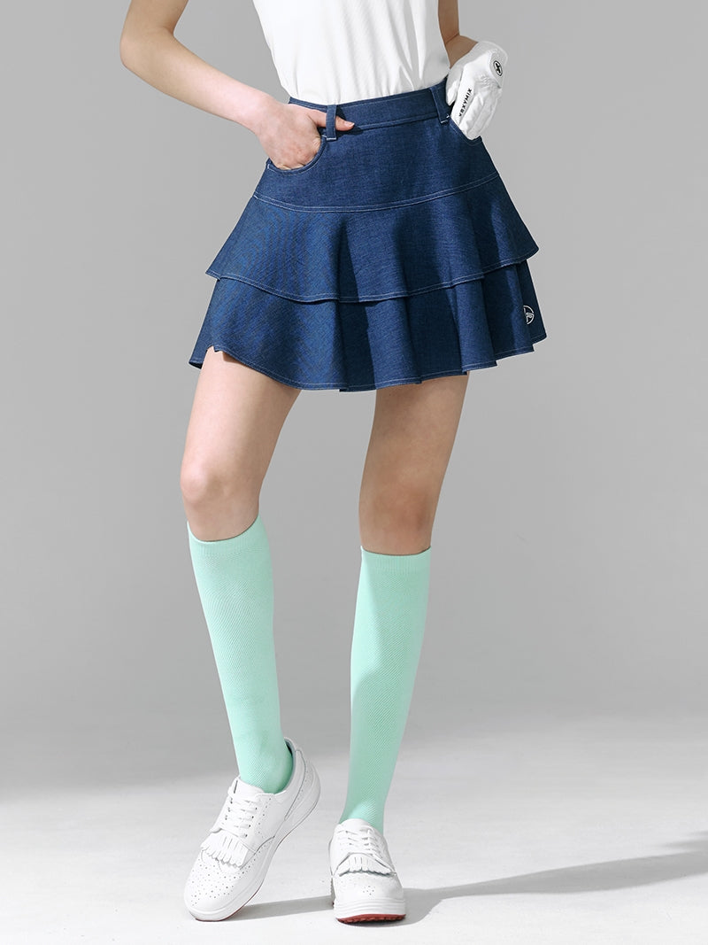 デニムライク フラウンス キュロッド スカート インナー付き