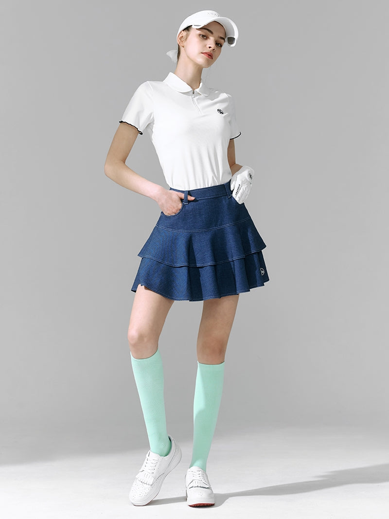 デニムライク フラウンス キュロッド スカート インナー付き
