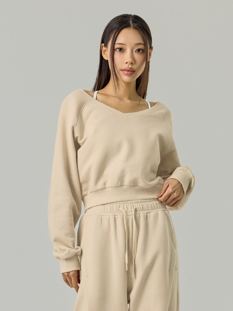 ソフト 裏起毛 Vネック クロップド丈 トレーナー (単品)