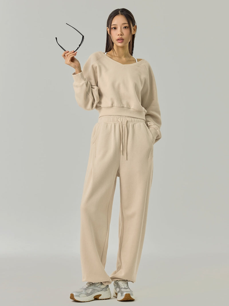 ソフト 裏起毛 Vネック クロップド丈 トレーナー (単品)