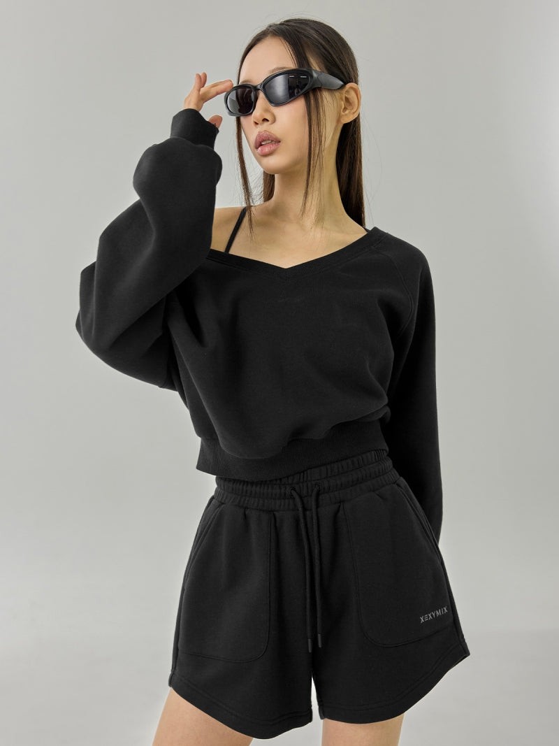 ソフト 裏起毛 Vネック クロップド丈 トレーナー (単品)