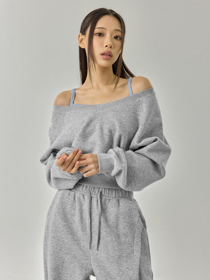 ソフト 裏起毛 Vネック クロップド丈 トレーナー (単品)