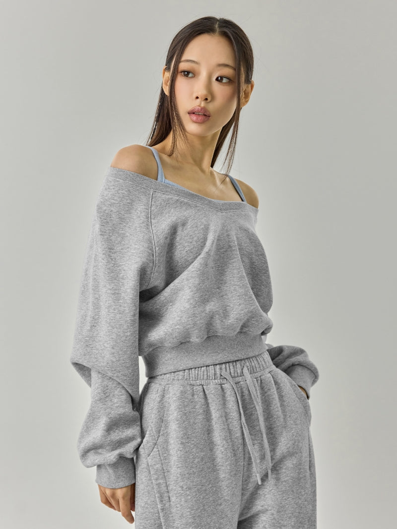 ソフト 裏起毛 Vネック クロップド丈 トレーナー (単品)