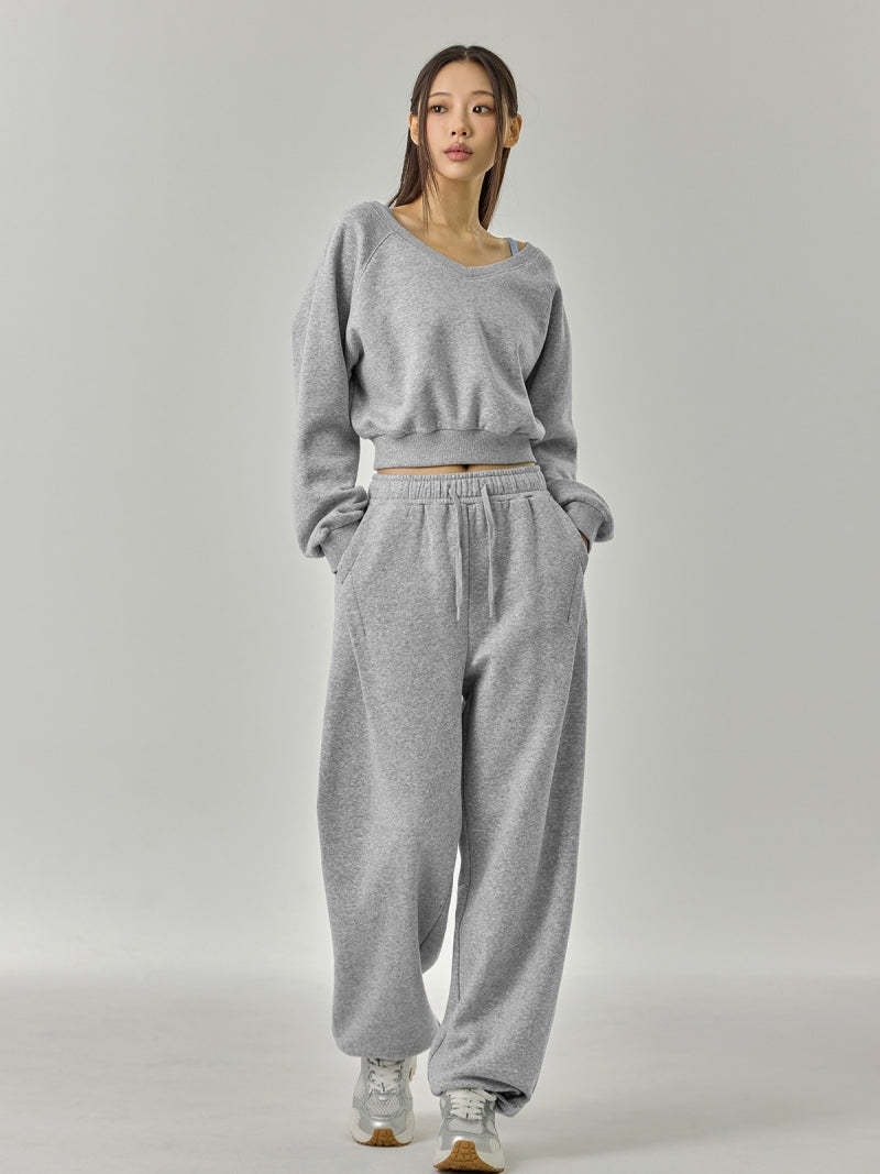 ソフト 裏起毛 Vネック クロップド丈 トレーナー (単品)