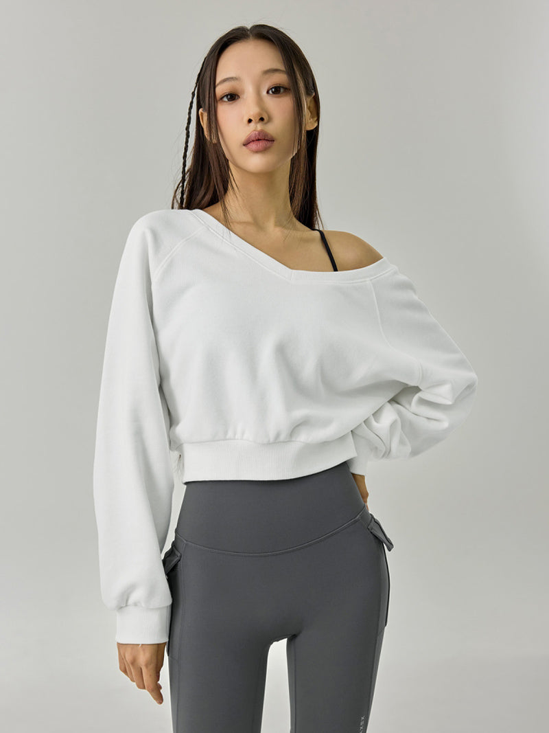 ソフト 裏起毛 Vネック クロップド丈 トレーナー (単品)