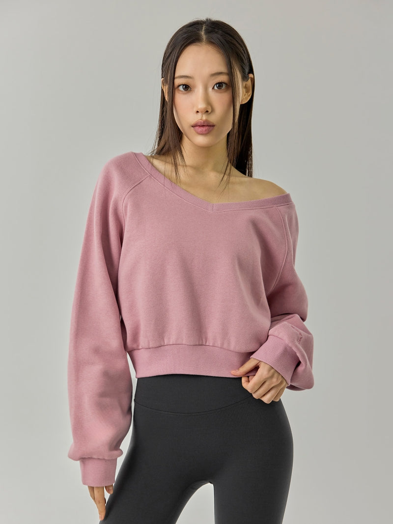 ソフト 裏起毛 Vネック クロップド丈 トレーナー (単品)