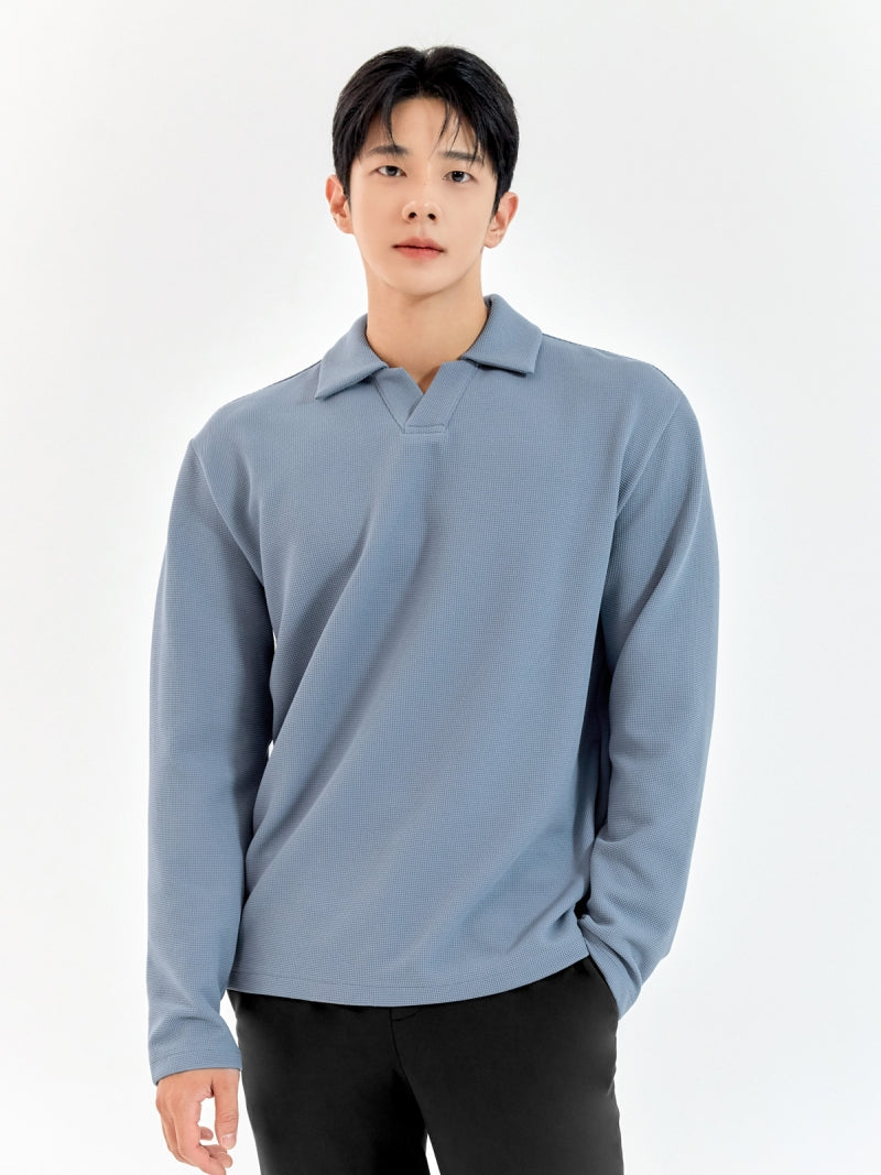 ワッフルニット オープンカラー 長袖