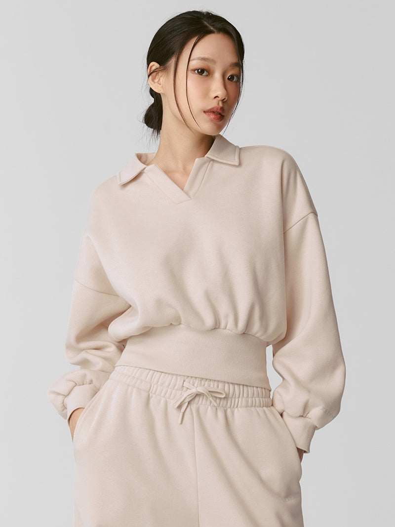 XTFMT11J3 裏起毛 コットン混 オープンカラー クロップド丈 トレーナー (単品)