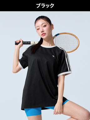 【おすすめセット】配色ライン ルーズフィット 半袖 & インナー付き ショートパンツ