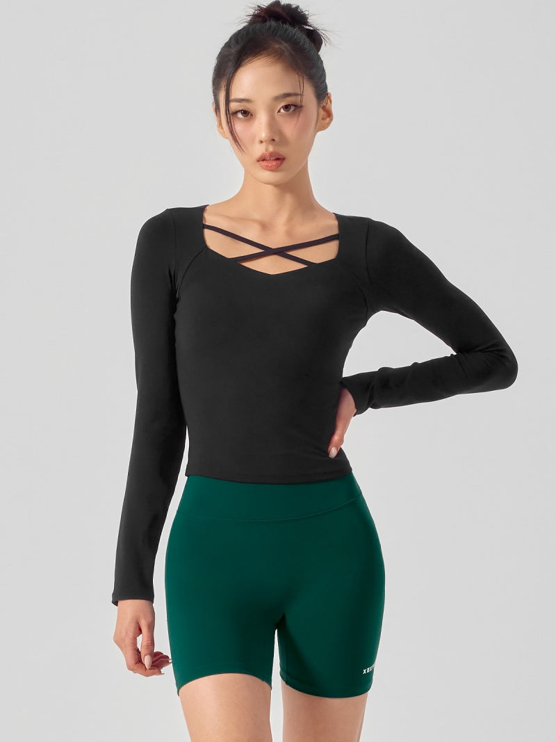 コットンライク クロス ストラップ 長袖 ブラトップ