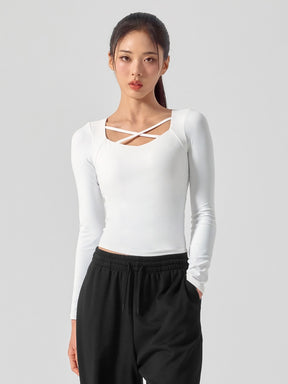 コットンライク クロス ストラップ 長袖 ブラトップ