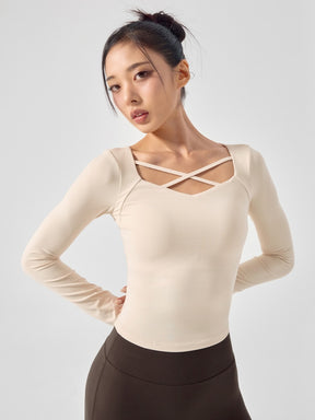 コットンライク クロス ストラップ 長袖 ブラトップ