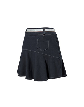 デニム風 ロゴ入りリボン付き フレアスカート