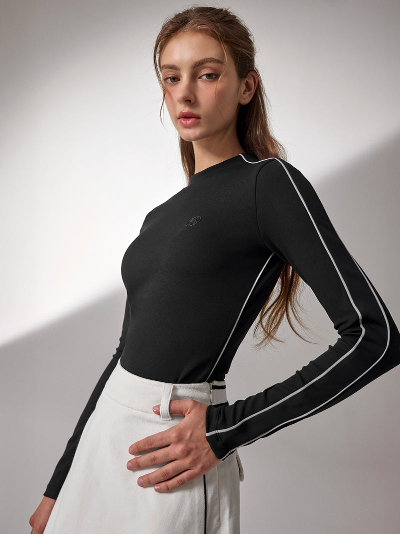 配色パイピング モックネック 長袖