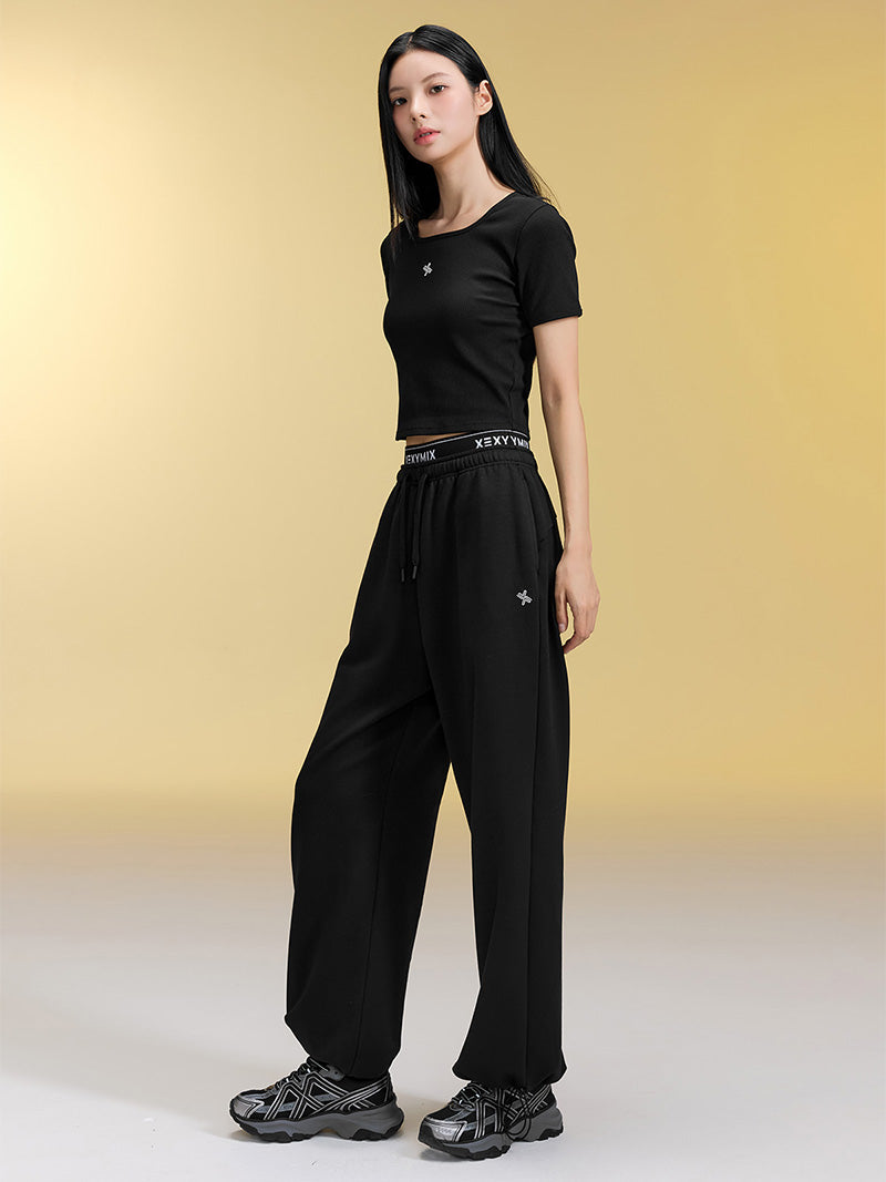 裏起毛 ロゴ入りバンド  レイヤード風 ワイドパンツ