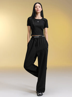 裏起毛 ロゴ入りバンド  レイヤード風 ワイドパンツ