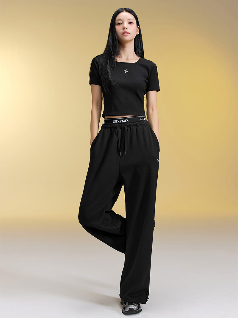 裏起毛 ロゴ入りバンド  レイヤード風 ワイドパンツ