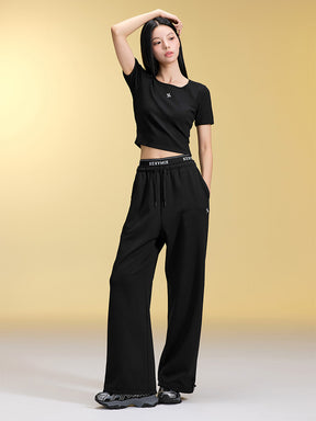 裏起毛 ロゴ入りバンド  レイヤード風 ワイドパンツ