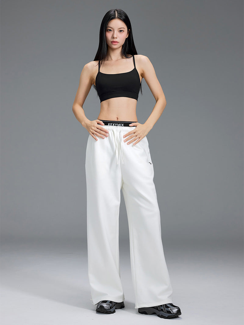 裏起毛 ロゴ入りバンド  レイヤード風 ワイドパンツ