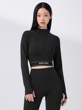ロゴ入りバンド モックネック  クロップド丈 長袖