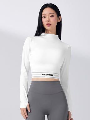 ロゴ入りバンド モックネック  クロップド丈 長袖