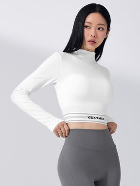 ロゴ入りバンド モックネック  クロップド丈 長袖