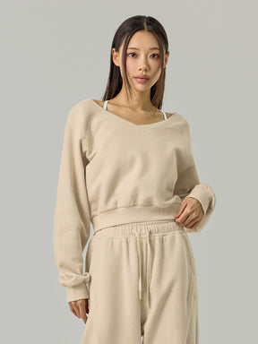 ソフト 裏起毛 Vネック クロップド丈 トレーナー (単品)