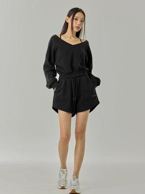 ソフト 裏起毛 Vネック クロップド丈 トレーナー (単品)