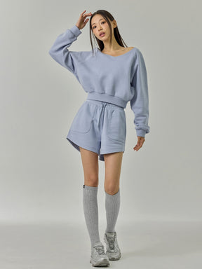 ソフト 裏起毛 Vネック クロップド丈 トレーナー (単品)