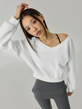 ソフト 裏起毛 Vネック クロップド丈 トレーナー (単品)