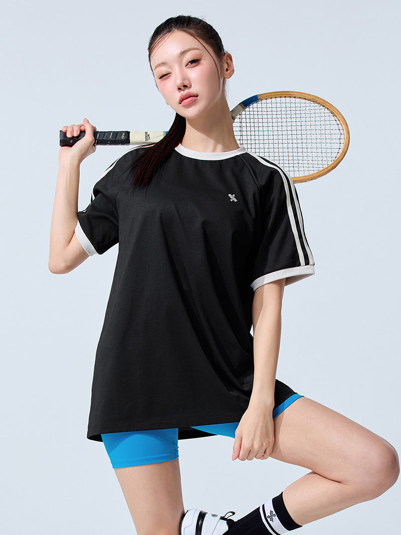 メッシュ 配色ライン ルーズフィット 半袖