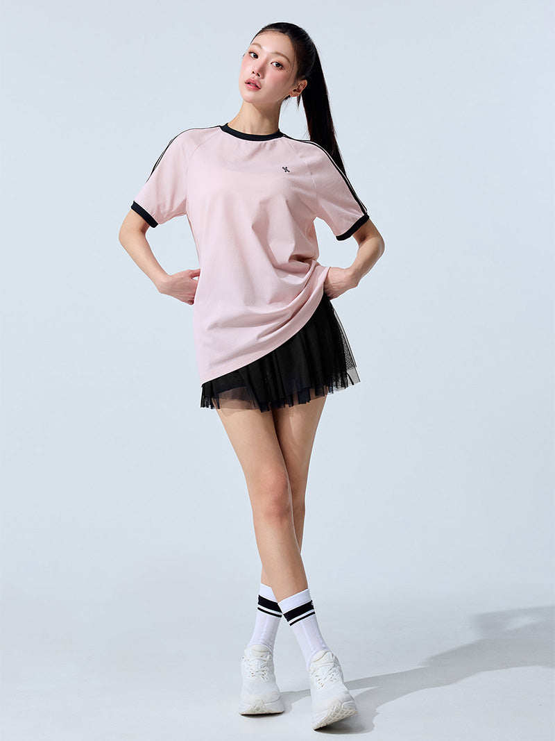 メッシュ 配色ライン ルーズフィット 半袖