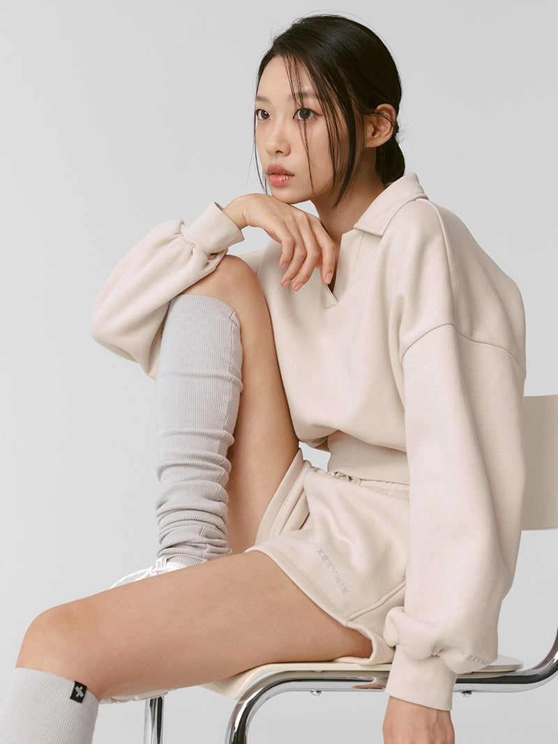 XTFMT11J3 裏起毛 コットン混 オープンカラー クロップド丈 トレーナー (単品)