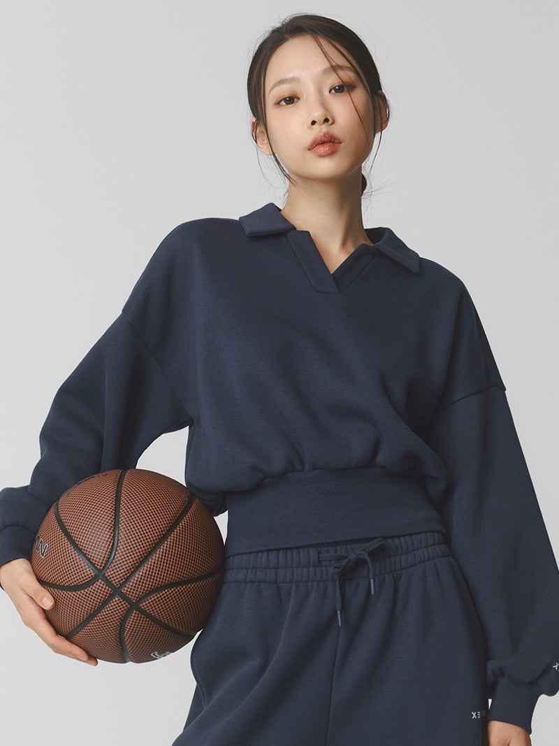 XTFMT11J3 裏起毛 コットン混 オープンカラー クロップド丈 トレーナー (単品)