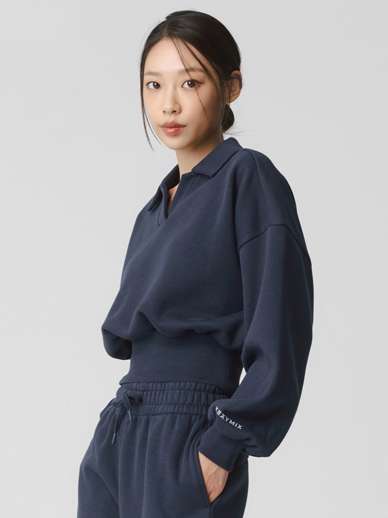 XTFMT11J3 裏起毛 コットン混 オープンカラー クロップド丈 トレーナー (単品)