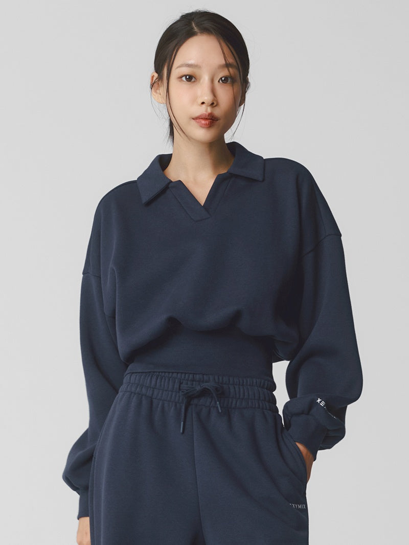 XTFMT11J3 裏起毛 コットン混 オープンカラー クロップド丈 トレーナー (単品)